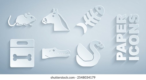 Conjunto cocodrilo, esqueleto de pez, hueso de perro, pájaro cisne, cabeza de caballo y icono de rata. Vector