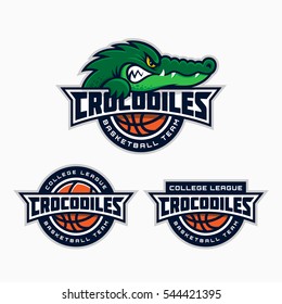 Set of crocodile mascot for a basketball team. Vector illustration.