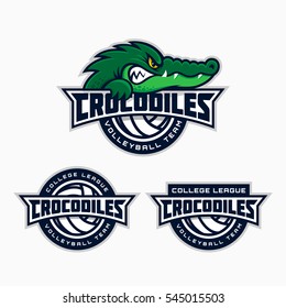 Set of crocodile mascot for a volleyball team. Vector illustration.