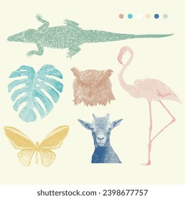 Set of crocodile, owl, flamingo, goat, green monstera, butterfly. Digital art, web graphics, vintage-inspired branding. Dithering Bitmap Shape. Print for fashion and design. Vector illustration. Y2K.