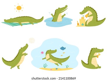 Set of crocodile spending time in summer. Sand castle building, playing ball, swimming, diving, sunbathing, drinking juice.