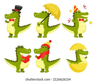 Set of crocodile with various  Activity animal cartoon character Graphic design for banner, sticker advertising party theme Vector illustration