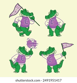 Set of Crocodiles Sport Mascot in Vintage Style