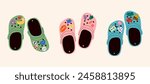 Set of crocs with embellishments. Unisex slates. Trendy vector illustration.