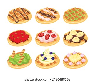 Set of croffle with Filling and Topping collection, croissant waffle Korean pastry with different toppings ; chocolate, strawberry, banana, cream, matcha, berry and ice cream, vector illustration.