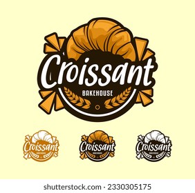 Set of croissant bakehouse vector design logo baking illustration hand drawn bakery with typography label