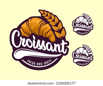 Set of croissant bakehouse vector design logo baking illustration hand drawn bakery with typography label