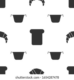 Ponga croissant , pan tostado y olla de cocina en un patrón ininterrumpido. Vector