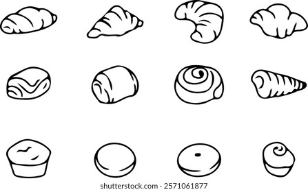 A set of croissant and bun icons. Simple graphic design in 2D format. A template highlighted on a white background.