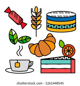 Set of croissant, cake and cup of tea. Flat icons in bright color. Vector illustration