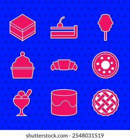 Set Croissant, Cake, Homemade pie, Donut, Ice cream in bowl, Cotton candy and Brownie chocolate cake icon. Vector