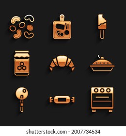 Set Croissant, Candy, Oven, Homemade pie, Lollipop, Jar of honey, Ice cream and Jelly candy icon. Vector