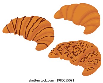 Set of croissant with chocolate. Vector illustration of sweet pastries isolated on white background. Illustration for the site, catalog, menu and more.