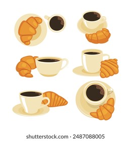 Set of croissant coffee cup collection, Croissants on white plate and cup of espresso coffee on white background, delicious start to the day, breakfast concept.