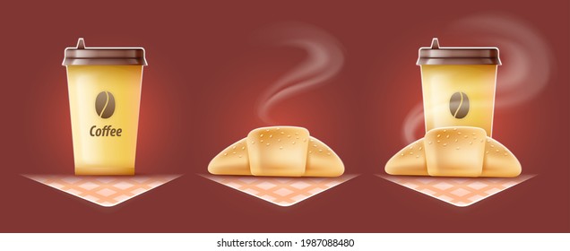 Set of Croissant and coffee cups to takeaway caffe menu. Good morning breakfast with Espresso Coffee in a Cup with hot aromatic steam. Vector illustration.