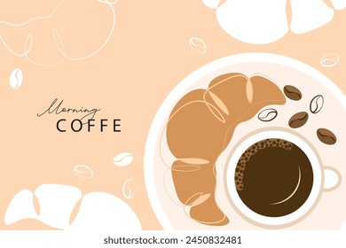 Conjunto de croissant y café dibujado en un estilo de línea. Tema del desayuno con pastelería lineal y diseño de bocetos simples de café. Ilustración vectorial aislada sobre fondo blanco