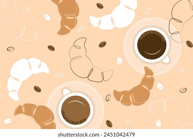 Conjunto de croissant y café dibujado en un estilo de línea. Tema del desayuno con pastelería lineal y diseño de bocetos simples de café. fondo de patrón de Ilustración vectorial