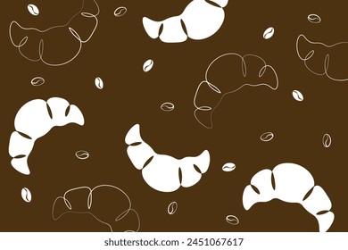 Set of croissant and coffee drawn in one line style. Breakfast theme with linear pastry and coffee simple sketch design. Vector illustration pattern background