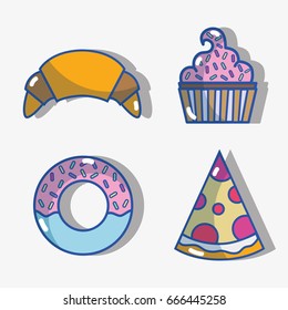 set croissant and donut with pizza slice and muffin