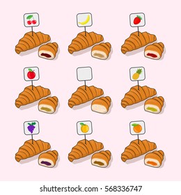 Set croissant and half a croissant with different fillings inside, isolated vector on white background. Illustration confection bakery, delicious dessert, a symbol for your Projects summary.