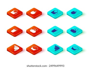 Set Croissant, Muffin, Cup of tea, Kettle with handle, Mate and lemon icon. Vector