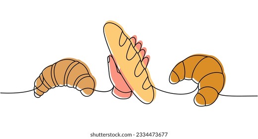 Satz von Croissant eine Linie farbige fortlaufende Zeichnung. Bäckereiprodukte durchgehend eine Illustration. Lineare Vektorgrafik minimalistisch.