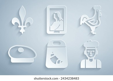 Set Croissant package, French rooster, beret, man, Portrait in museum and Fleur De Lys icon. Vector