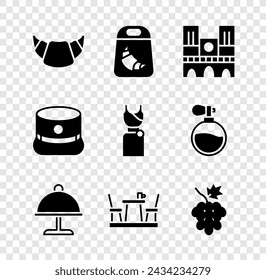 Set Croissant, package, Notre Dame, Covered with tray, French cafe, Grape fruit, Kepi and Woman dress icon. Vector