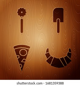 Set Croissant , Pizza knife , Slice of pizza  and Spatula  on wooden background. Vector