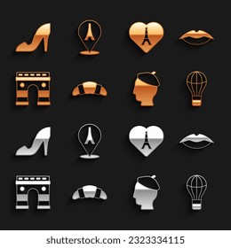 Set Croissant, Smiling lips, Hot air balloon, French man, Triumphal Arch, Eiffel tower with heart, Woman shoe and  icon. Vector