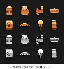 Set Croissant, Stack of pancakes, Thermos container, Ice cream waffle cone, Bag or packet potato chips, Fast street food cart, Popcorn box and Khinkali cutting board icon. Vector
