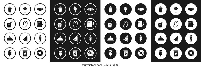 Set Croissant, Steak meat, Asian noodles and chopsticks, Paper glass with straw, Wooden beer mug, Ice cream in bowl, Candy and Covered tray icon. Vector