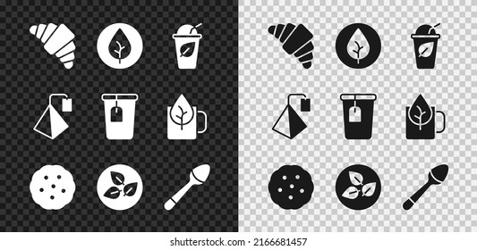 Set Croissant, Tea leaf, Cup of tea with, Cookie or biscuit, Teaspoon, bag and  icon. Vector