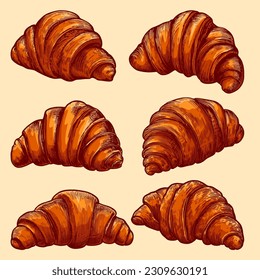 Set of croissant vector hand drawn. Croissant illustration. French bread drawing. Croissants illustration for design menu cafe, bistro, restaurant, label and packaging.