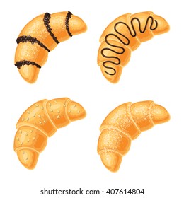 Conjunto de croissants com chocolate, nozes e açúcar em pó, isolado sobre um fundo branco. Ilustração vetorial para web design ou folhetos impressos