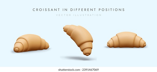 Set of croissants in different positions. Sweet pastries without decoration. Raw unbaked croissant. Dough product prepared for baking. Illustration for culinary site, blog, app