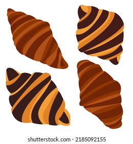 Un conjunto de croissants de estilo plano aislados en un fondo blanco. Perfecto para panaderías, menús, cafés e imágenes del desayuno. Croissants con chocolate