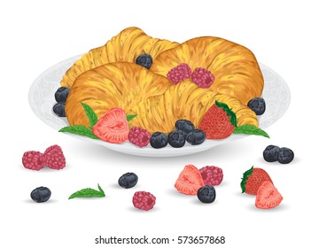 Set of croissants on plate with berries. French pastries with strawberry, raspberry, blueberry and mint leaves. Healthy breakfast. Isolated elements. Hand drawn vector illustration.