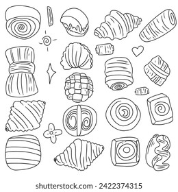 set of cromboloni pastry. Food sketch, line art isolated on white. Clipart for poster, menu, card, web	