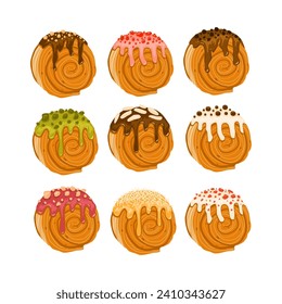 Conjunto de ilustración vectorial de cromboloni. Cromboloni es croissant bomboloni. Popular postre dulce en Indonesia.