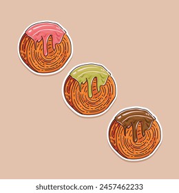 Set of cromboloni vector illustration. Cromboloni is croissant bomboloni. Popular sweet dessert in Indonesia. New York rolls Croissant or Cromboloni With Various Flavors Vector Illustration.