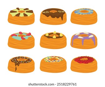 Set of cronut cake collection with various topping, melted filling, cronut pastry shop cartoon, food croissant donut doughnut homemade bakery cake bread snack roll eat, vector illustration