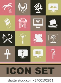 Set Crook, Eye of Horus, Egyptian ship, Coral, pharaoh, Nefertiti, Tropical palm tree and on monitor icon. Vector