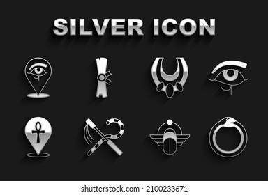 Set Crook and flail, Eye of Horus, Magic symbol Ouroboros, Egyptian Scarab, Cross ankh, necklace,  and Papyrus scroll icon. Vector