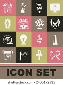 Set Crook and flail, Obelisk of Alexandria, Egyptian necklace, vase, Sphinx, mummy sarcophagus, pharaoh and Coral icon. Vector