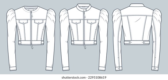 Set of Crop Denim Jackets technical fashion illusrtation. Puff Sleeves Jacket fashion flat technical drawing template, zip-up, pocket, slim fit, front and back view, white color, women CAD mockup set.