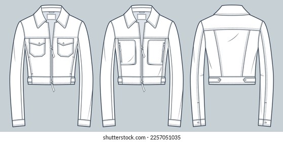 Set of Crop Jacket technical fashion illusrtation. Biker Jacket fashion flat technical drawing template, zip-up, pockets, slim fit, front and back view, white color, women, men, unisex CAD mockup set.