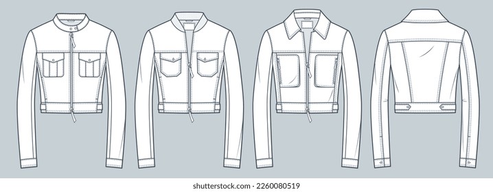 Ilustración técnica de Crop Jackets. Chaquetas planas de dibujo técnico plano, collar, cremallera, bolsillos, ajuste delgado, vista frontal y trasera, blanco, mujeres, hombres, conjunto de maquillaje unisex.