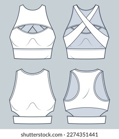 Set of Crop Top technical fashion illustration. Sports Bra fashion flat technical drawing template, cutout, straps, front and back view, white, women, girl cad mockup set.