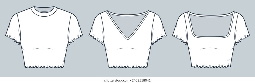 Conjunto de ilustración de moda técnica Crop Top. Lettuce Hem Tee Shirt de moda planas de dibujo técnico, cuello redondo, cuello cuadrado, cuello v, ajuste delgado, vista frontal, blanco, mujeres Juego de mockup Top CAD.